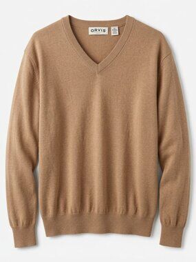 Orvis Men’s XL V-Neck Sweater Tan Brown Cashmere Blend Pullover Preppy Normcore